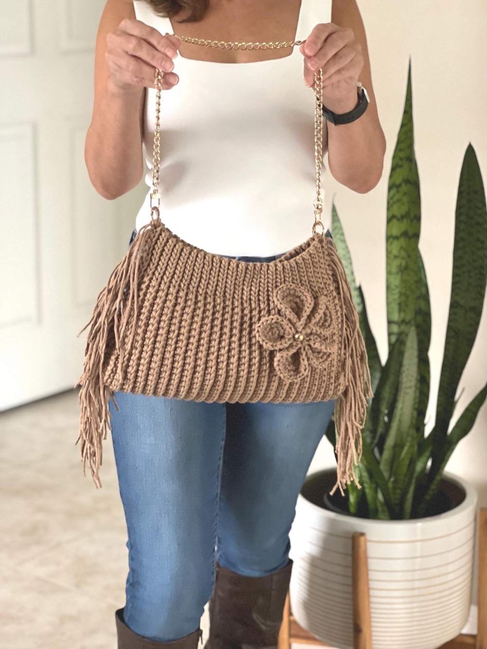 Handmade Crochet  Knit Fringe Shoulder Bag in Tan with Gold Shoulder Chan.